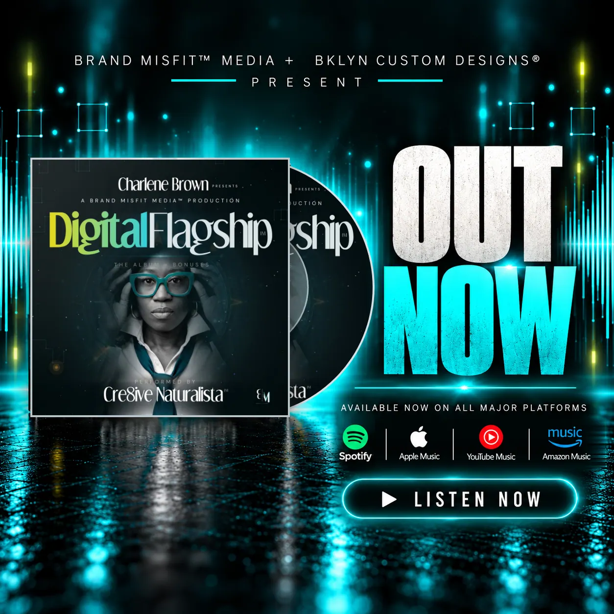 OUT NOW: Digital Flagship album by Cre8ive Naturalista™, with a spinning CD, available on Spotify, Apple Music, YouTube Music and Amazon Music