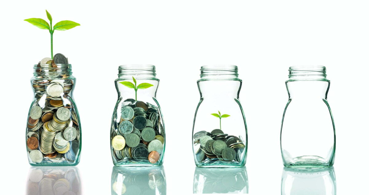 Mix coins and seed in clear blottle on white background,Business investment growth concept