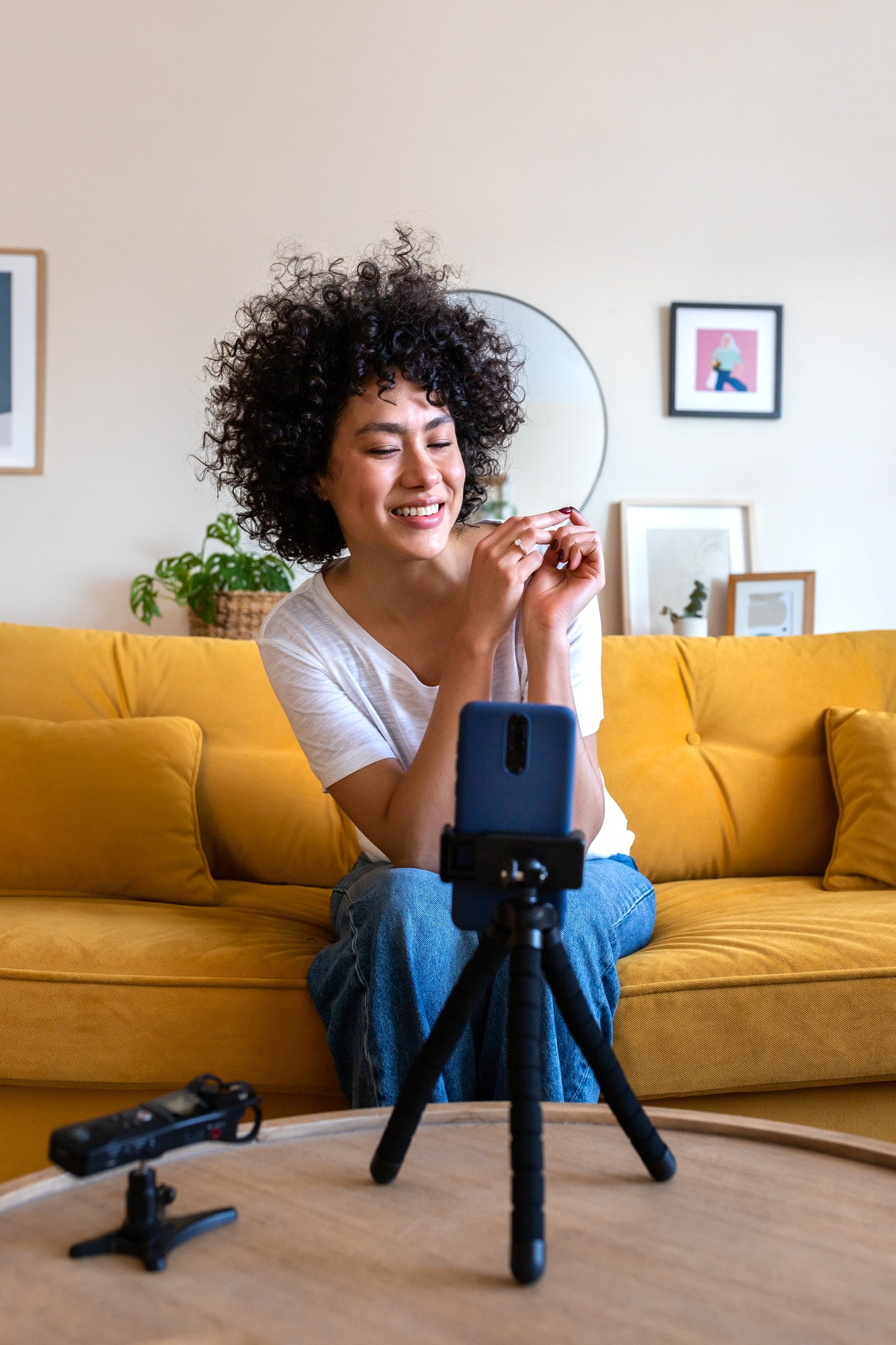 Influencer on live stream, recording using videos to boost website traffic
